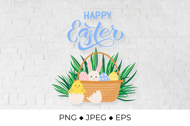 Happy Easter. Basket of eggs, bunny and cute cartoon chicken Sublimation LaBelezoka 