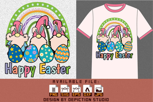 Happy Easter Bunny Eggs Gnome Rainbow T-Shirt, Easter Rainbow Shirt, Easter Eggs Shirt, Easter Day Gnome Shirt Print Template Sketch DESIGN Depiction Studio 