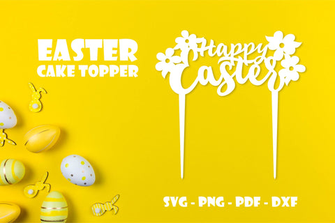 Happy Easter cake topper with spring flowers laser cut svg SVG Angelina Semenova 