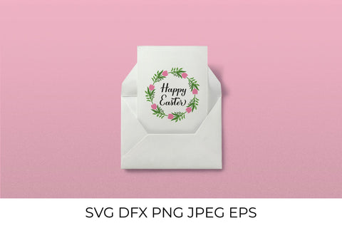 Happy Easter calligraphy hand lettering with floral wreath SVG LaBelezoka 