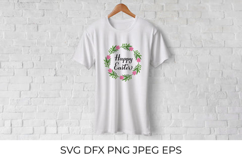Happy Easter calligraphy hand lettering with floral wreath SVG LaBelezoka 