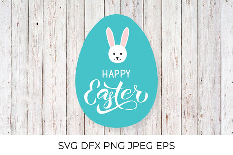 Happy Easter calligraphy lettering and cute cartoon bunny drawn on egg SVG LaBelezoka 