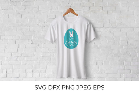 Happy Easter calligraphy lettering and cute cartoon bunny drawn on egg SVG LaBelezoka 