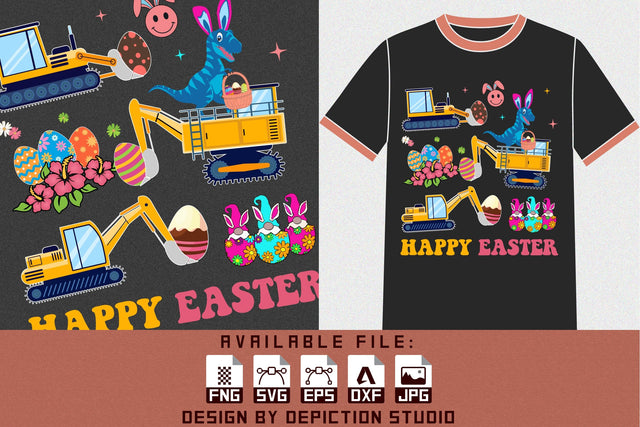 Happy Easter Cavator T-Shirt, Easter Dinosaur Shirt, Easter Whicker Basket Shirt, Easter Egg's Shirt Print Templat Sketch DESIGN Depiction Studio 