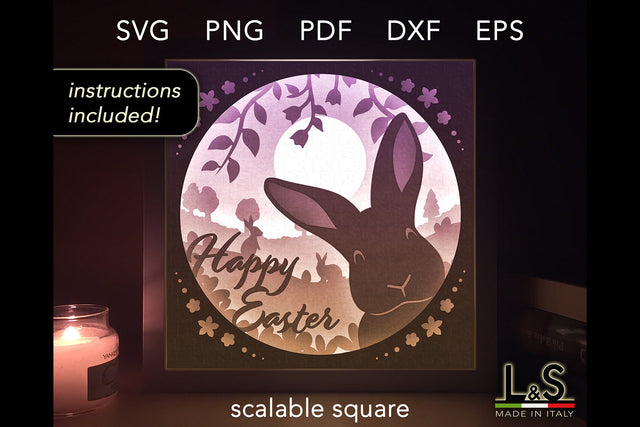 Happy Easter Shadow Box Svg | Bunny Light Box Template 3D Paper Lights & Silhouettes 