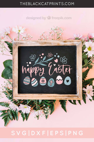 Happy Easter Sign | Floral Easter Eggs Cut File SVG TheBlackCatPrints 
