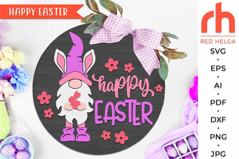 Happy Easter SVG, Round Hanger Cut File, Gnome Door Sign DXF SVG RedHelgaArt 