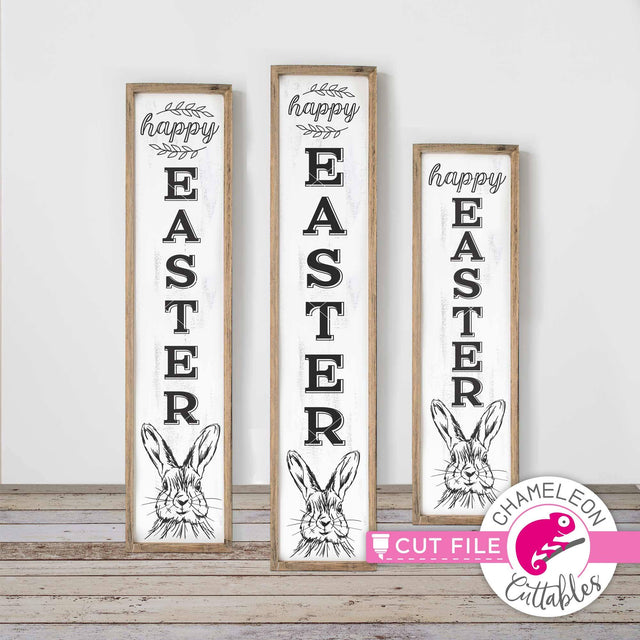 Happy Easter with Bunny Farmhouse Style Porch Sign File - vertical SVG file for long door sign (3 sizes) SVG Chameleon Cuttables 