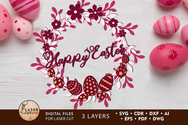 Happy Easter Wreath Multilayer Laser Cut Files, Mandala, Round Sign SVG, 3D Designs, Mini Design Bundles SVG LaserCutano 