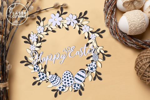 Happy Easter Wreath Multilayer Laser Cut Files, Mandala, Round Sign SVG, 3D Designs, Mini Design Bundles SVG LaserCutano 