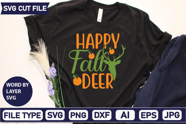 Happy Fall Deer SVG Cut File SVGs quotes-and-sayings food-drink mini-bundles print-cut on-sale Clipart Clip Art Sublimation or Vinyl Shirt Design SVG DesignPlante 503 