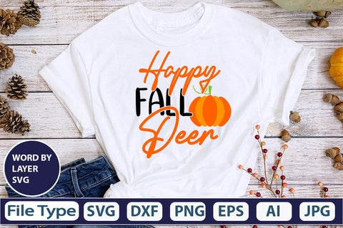 Happy Fall Deer SVG Cut File SVGs,quotes-and-sayings,food-drink mini-bundles,print-cut,on-sale Clipart Clip Art Sublimation or Vinyl Shirt Design SVG DesignPlante 503 
