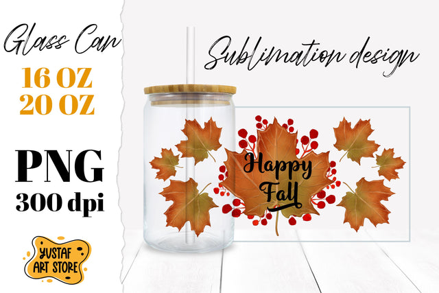 Happy Fall Glass Can Sublimation. Fall maple leaves illustration Sublimation Yustaf Art Store 