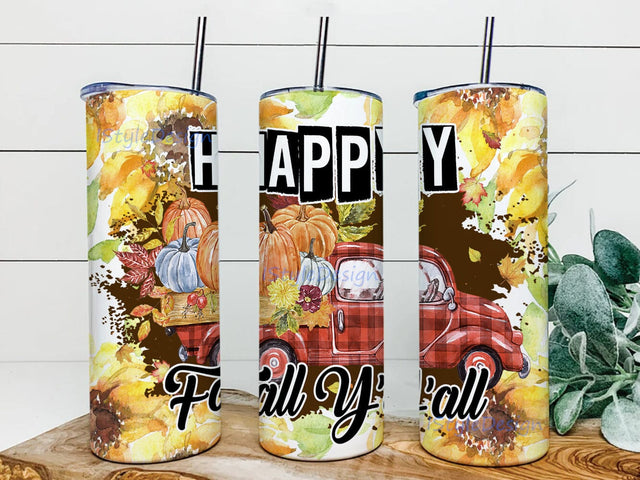 Happy Fall Y'all Truck Tumbler Png, 20oz Skinny Tumbler Sublimation Designs, Fall Png Sublimation iStyleDesign 