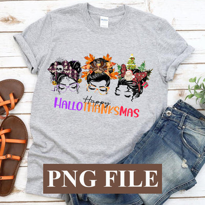Happy Hallothanksmas Messy Bun PNG,Halloween, Thanksgiving, Christmas, Pumpkin, SVG BOO-design 