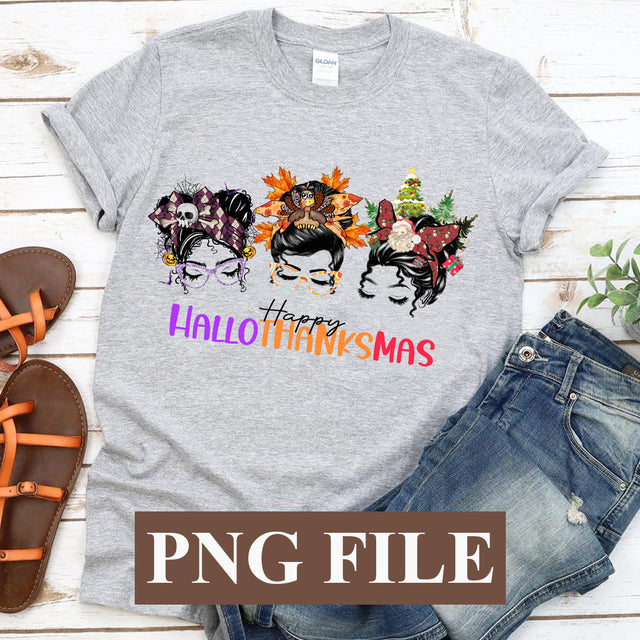 Happy Hallothanksmas Messy Bun PNG,Halloween, Thanksgiving, Christmas, Pumpkin, SVG BOO-design 