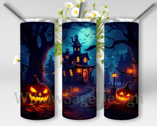 Happy Halloween And Scary Night Background 20oz Skinny Tumbler Png, Halloween Scary Night Tumbler, Halloween Haunted House Tumbler, Pumpkin Tumbler, Halloween House Tumbler Sublimation WillowSageDesign 