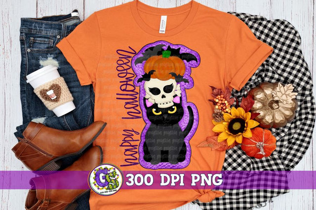 Happy Halloween Black Cat Skull Pumpkin Bats PNG For Sublimation Sublimation Greedy Stitches 