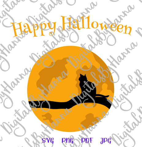 Happy Halloween Cat on The Moon Print and Cut SVG Digitals by Hanna 