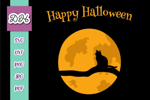 Happy Halloween Cat on The Moon Print and Cut SVG Digitals by Hanna 