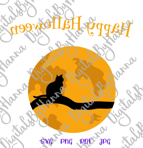 Happy Halloween Cat on The Moon Print and Cut SVG Digitals by Hanna 