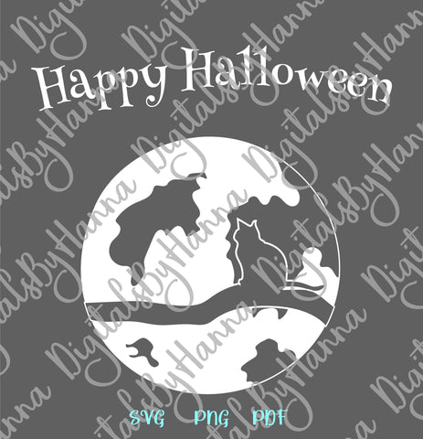 Happy Halloween Cat on The Moon Print and Cut SVG Digitals by Hanna 