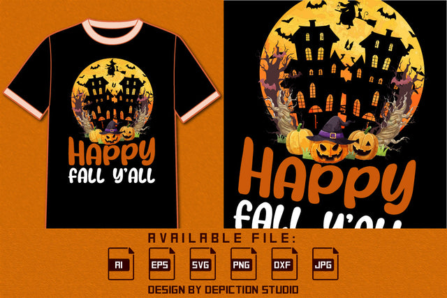 Happy Halloween Fall Y'all T-Shirt, Halloween Retro Vintage Shirt, Halloween Pumpkins, Witch, Bats Shirt, Halloween tree silhouette Shirt Print Template SVG Depiction Studio 