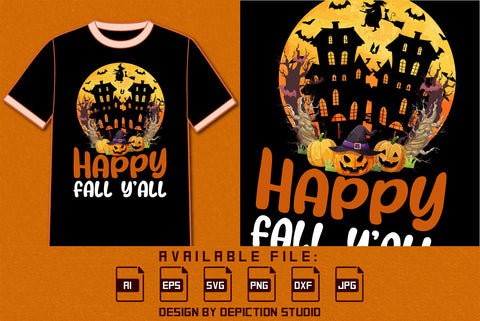Happy Halloween Fall Y'all T-Shirt, Halloween Retro Vintage Shirt, Halloween Pumpkins, Witch, Bats Shirt, Halloween tree silhouette Shirt Print Template SVG Depiction Studio 