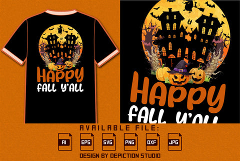 Happy Halloween Fall Y'all T-Shirt, Halloween Retro Vintage Shirt, Halloween Pumpkins, Witch, Bats Shirt, Halloween tree silhouette Shirt Print Template SVG Depiction Studio 