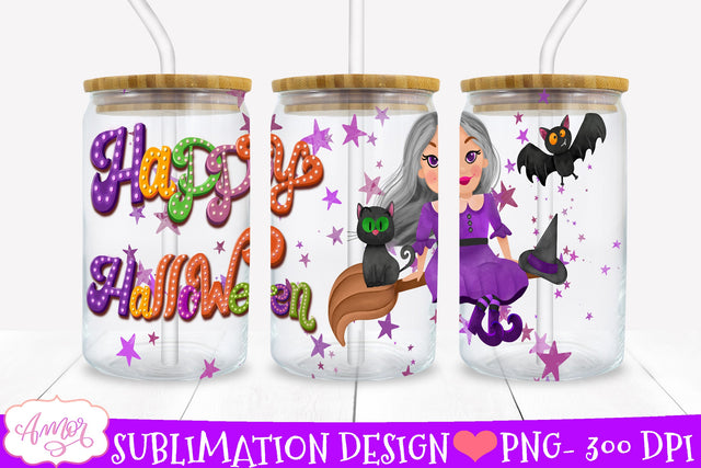 Happy Halloween glass can wrap for sublimation | Cute witch Sublimation Amorclipart 