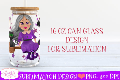 Happy Halloween glass can wrap for sublimation | Cute witch Sublimation Amorclipart 