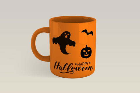 Happy Halloween lettering with silhouette of pumpkin, bat, ghost and spiders SVG LaBelezoka 