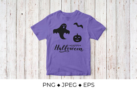 Happy Halloween lettering with silhouette of pumpkin, bat, ghost and spiders SVG LaBelezoka 