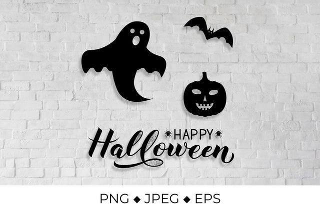 Happy Halloween lettering with silhouette of pumpkin, bat, ghost and spiders SVG LaBelezoka 