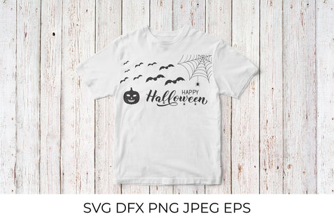 Happy Halloween lettering with silhouette of pumpkin, spiders and bats SVG LaBelezoka 