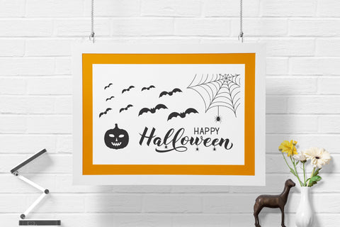 Happy Halloween lettering with silhouette of pumpkin, spiders and bats SVG LaBelezoka 