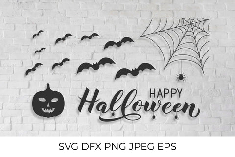 Happy Halloween lettering with silhouette of pumpkin, spiders and bats SVG LaBelezoka 