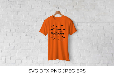 Happy Halloween lettering with silhouette of spiders and bats SVG LaBelezoka 