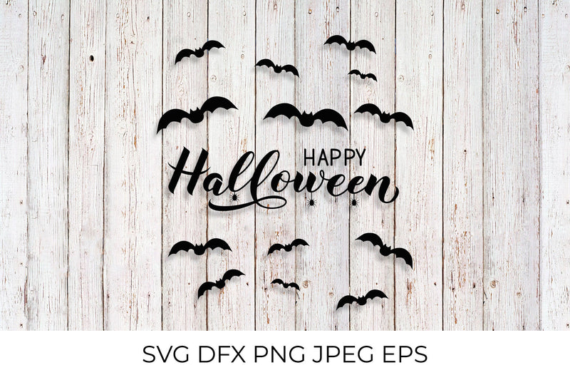 Happy Halloween lettering with silhouette of spiders and bats SVG LaBelezoka 