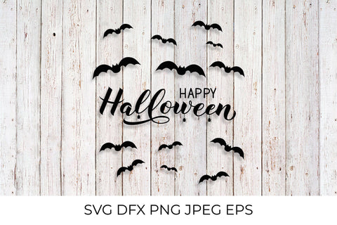 Happy Halloween lettering with silhouette of spiders and bats SVG LaBelezoka 