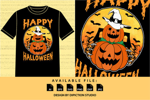Happy Halloween Pumpkin Shirt, Halloween Vintage Circle Sunset Shirt, Scary Sun Shirt, Halloween Scary Night House, Bats Hat Silhouette Shirt Print Template SVG Depiction Studio 