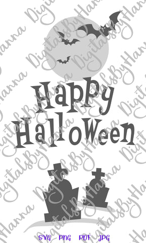 Happy Halloween Sign Cemetary Graveyard Graves Bat Moon Print & Cut SVG Digitals by Hanna 