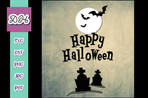 Happy Halloween Sign Cemetary Graveyard Graves Bat Moon Print & Cut SVG Digitals by Hanna 