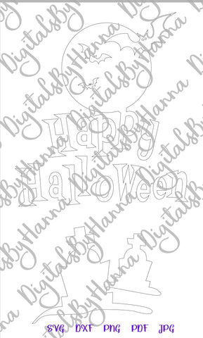 Happy Halloween Sign Cemetary Graveyard Graves Bat Moon Print & Cut SVG Digitals by Hanna 