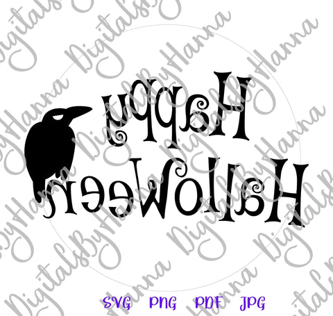 Happy Halloween Sign Raven Crow on The Moon Print and Cut SVG Digitals by Hanna 