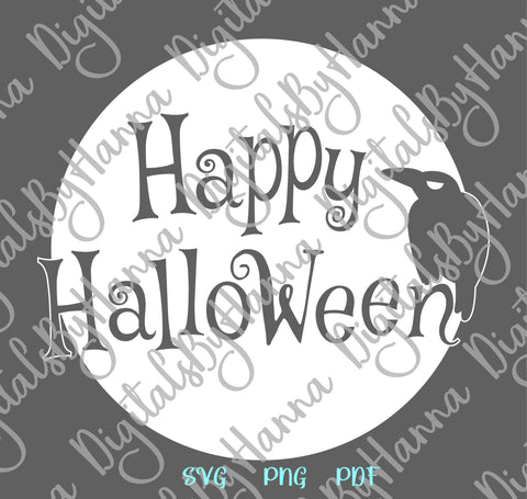Happy Halloween Sign Raven Crow on The Moon Print and Cut SVG Digitals by Hanna 