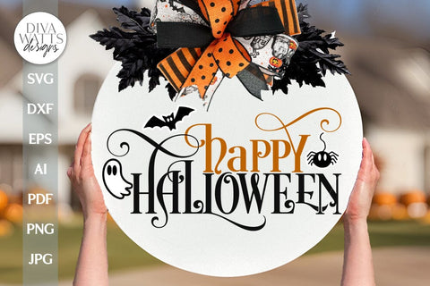 Happy Halloween SVG For Door Hanger For Halloween Ghost SVG Spider SVG Bat svg for Halloween Front Door Sign For Happy Halloween Sign svg SVG Diva Watts Designs 