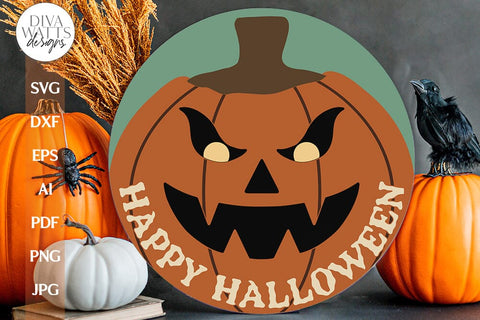 Happy Halloween SVG For Halloween Shirt With Scary Jack-O-Lantern Door Hanger For Halloween SVG With Pumpkin Face For Pumpkin Shirt SVG SVG Diva Watts Designs 