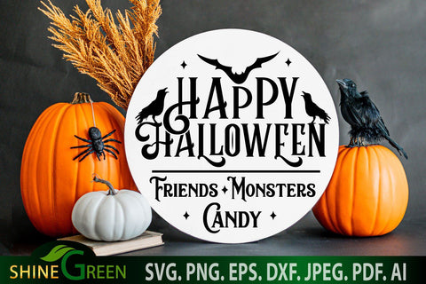 Happy Halloween SVG for Home, Farmhouse Round Wood Signs SVG Shine Green Art 