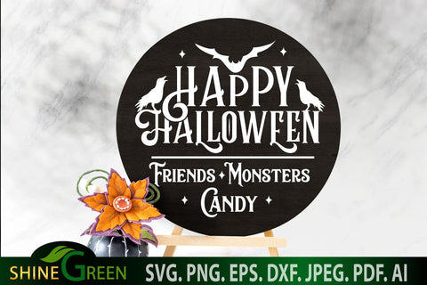 Happy Halloween SVG for Home, Farmhouse Round Wood Signs SVG Shine Green Art 